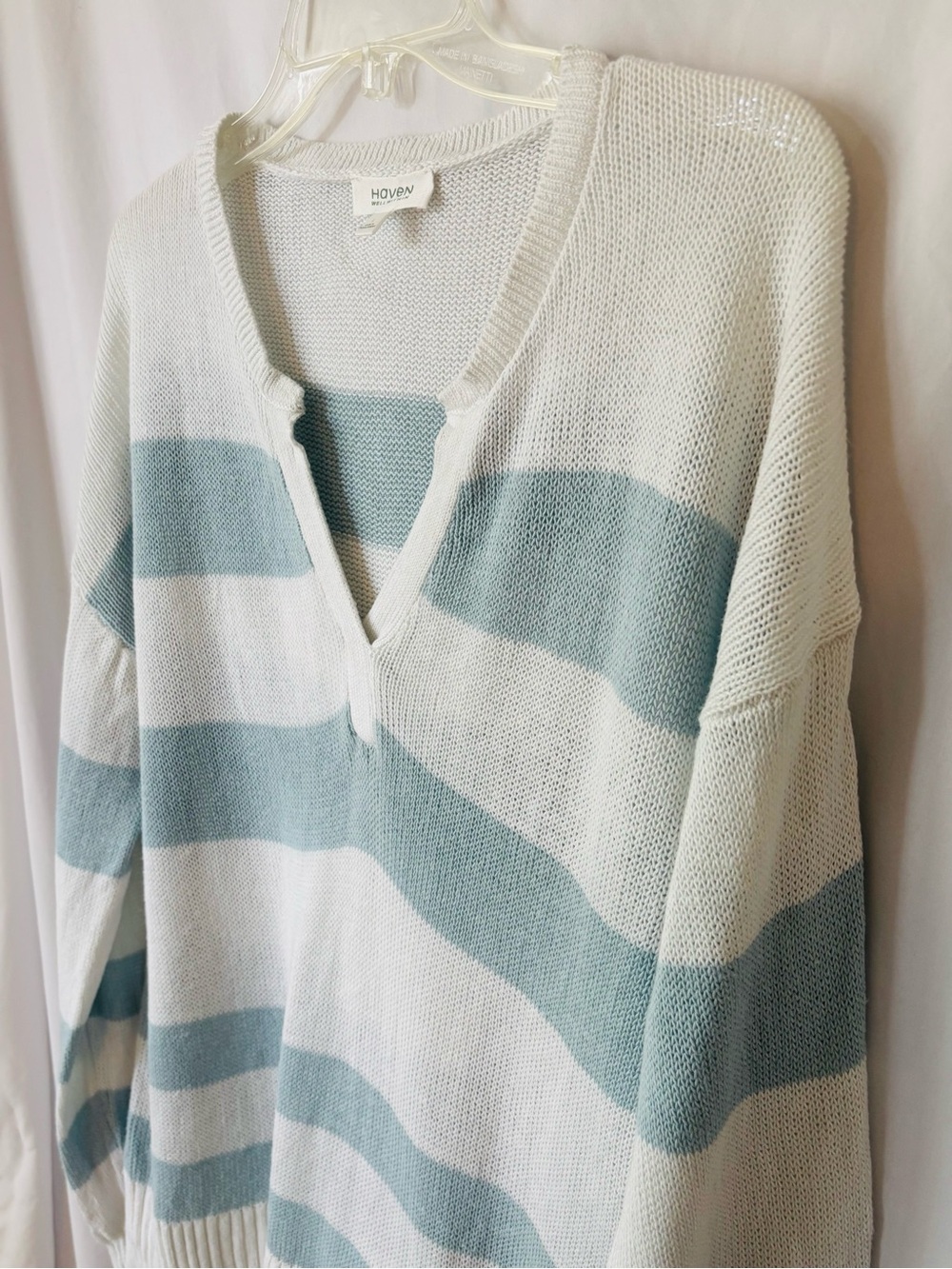 Haven Women's V-Neck Striped Knit Sweater in Light Blue and White